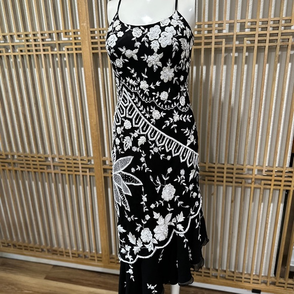 100% Silk 90s Beaded Black and White Dress Size Large Prom - Picture 2 of 11